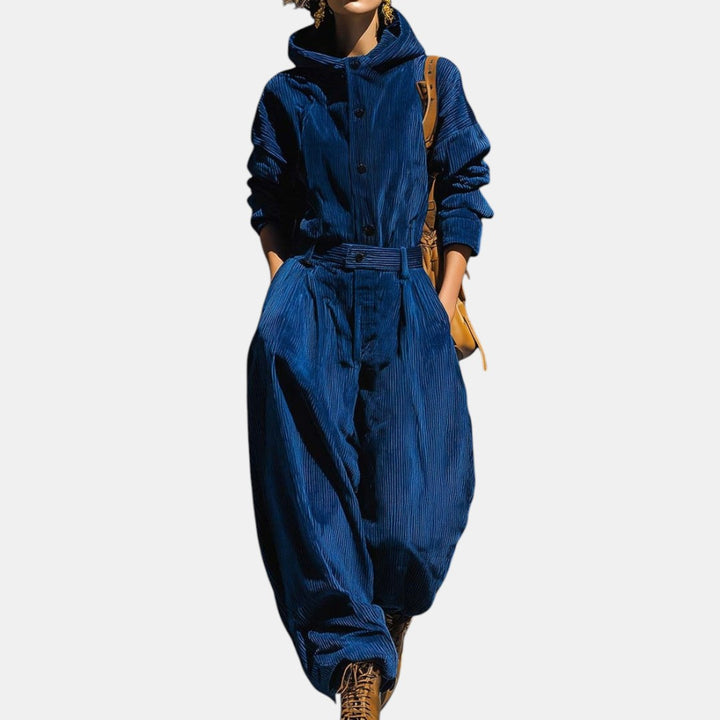 Celina | Conjunto de Pana Azul con Capucha y Pantalón Ancho