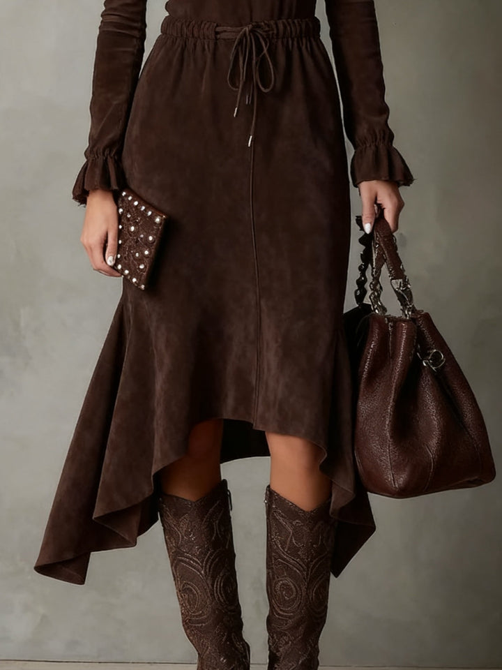 Cecilia | Vestido Midi Marrón con Cintura Fruncida
