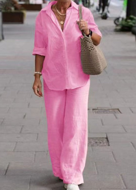Denice | Conjunto Casual Elegante de Dos Piezas – Top Abotonado Relajado y Pantalones de Pierna Ancha