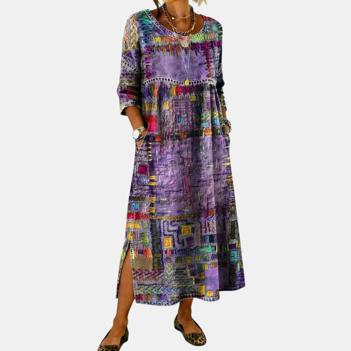 Vanesa | Vestido Midi de Denim con Patchwork Étnico