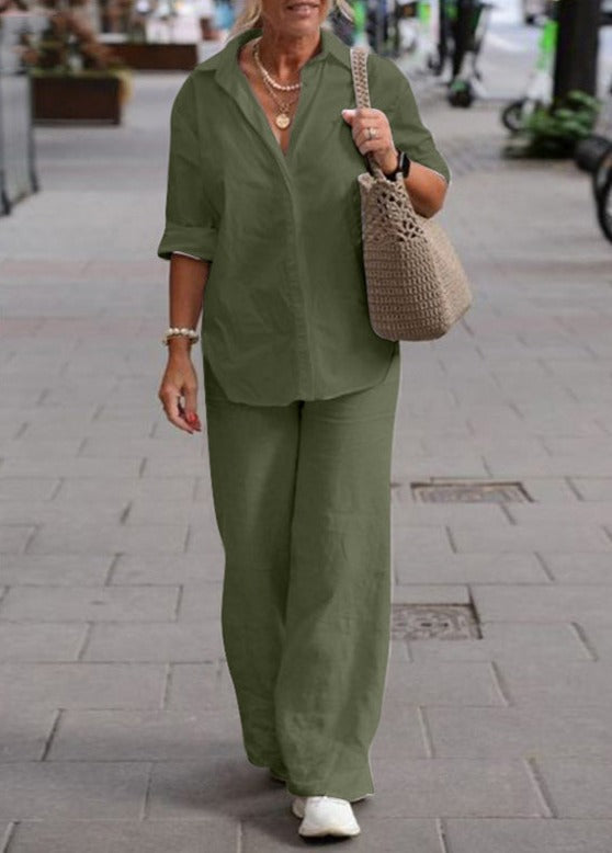 Denice | Conjunto Casual Elegante de Dos Piezas – Top Abotonado Relajado y Pantalones de Pierna Ancha