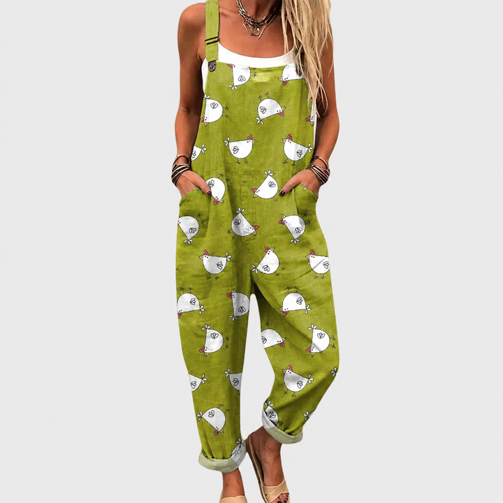Heike | Pantalón de tirantes verde con gallinas garabateadas