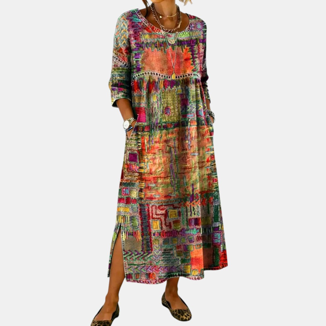 Vanesa | Vestido Midi de Denim con Patchwork Étnico