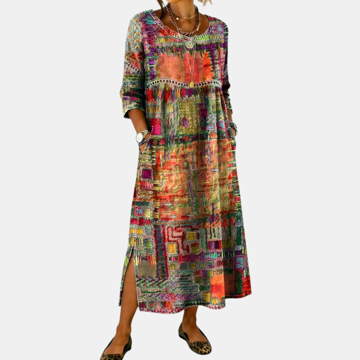 Vanesa | Vestido Midi de Denim con Patchwork Étnico