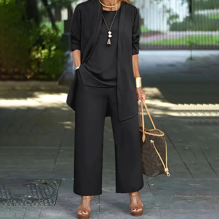 Conjunto Casual Elegante de Tres Piezas Laney – Top Coordinado, Cárdigan y Pantalones de Pierna Ancha
