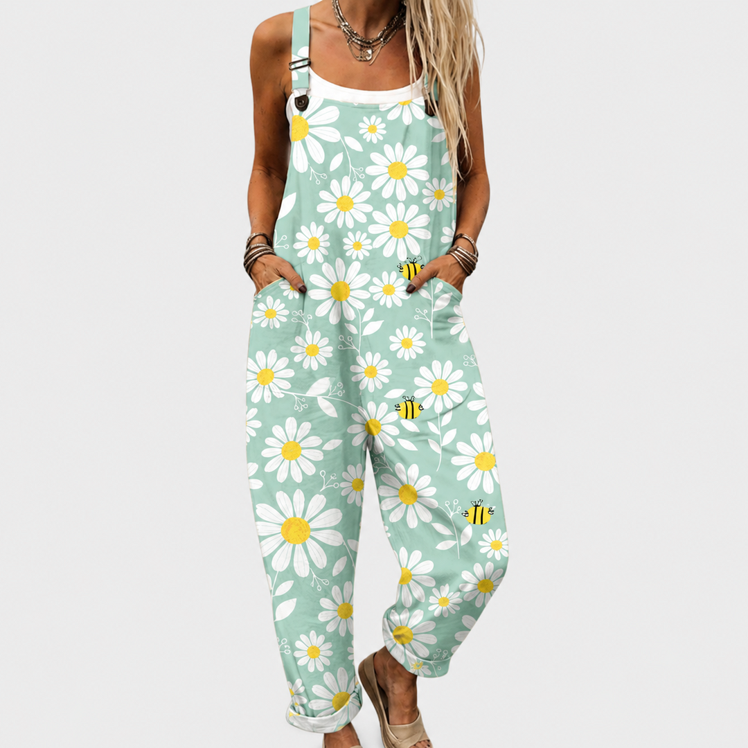 Marie | Pantalón de tirantes verde menta con margaritas y abejas
