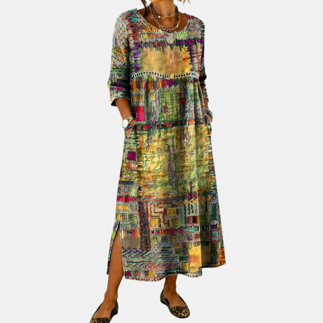 Vanesa | Vestido Midi de Denim con Patchwork Étnico