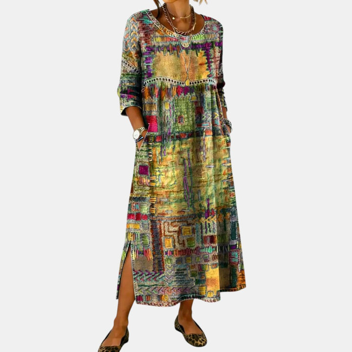 Vanesa | Vestido Midi de Denim con Patchwork Étnico