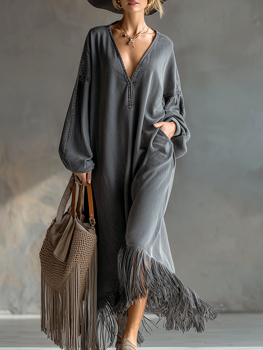 Martha | Vestido Maxi de Denim con Borlas