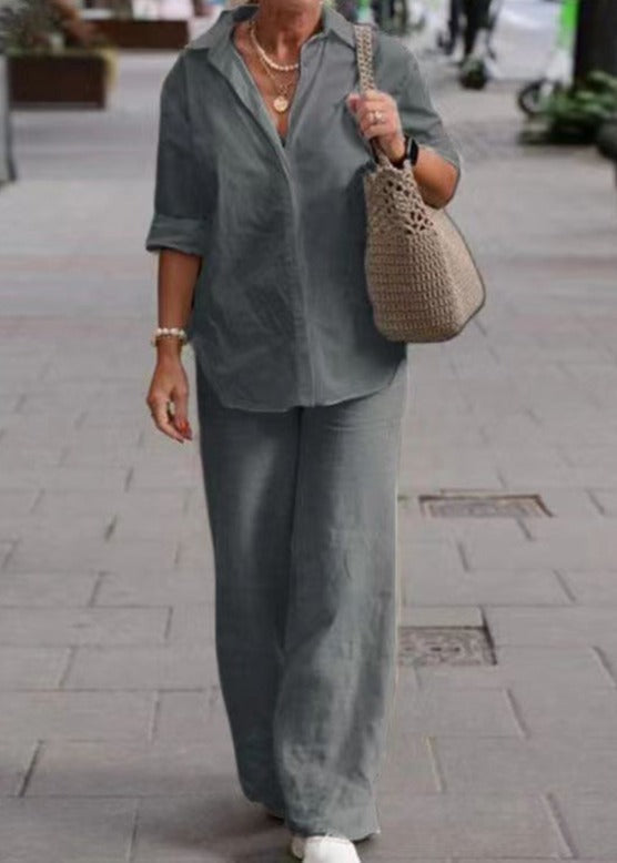 Denice | Conjunto Casual Elegante de Dos Piezas – Top Abotonado Relajado y Pantalones de Pierna Ancha