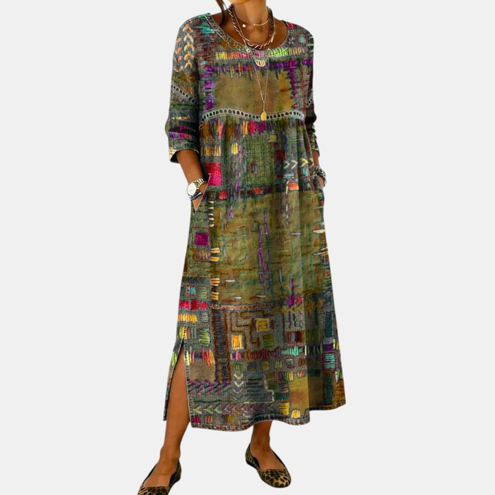 Vanesa | Vestido Midi de Denim con Patchwork Étnico