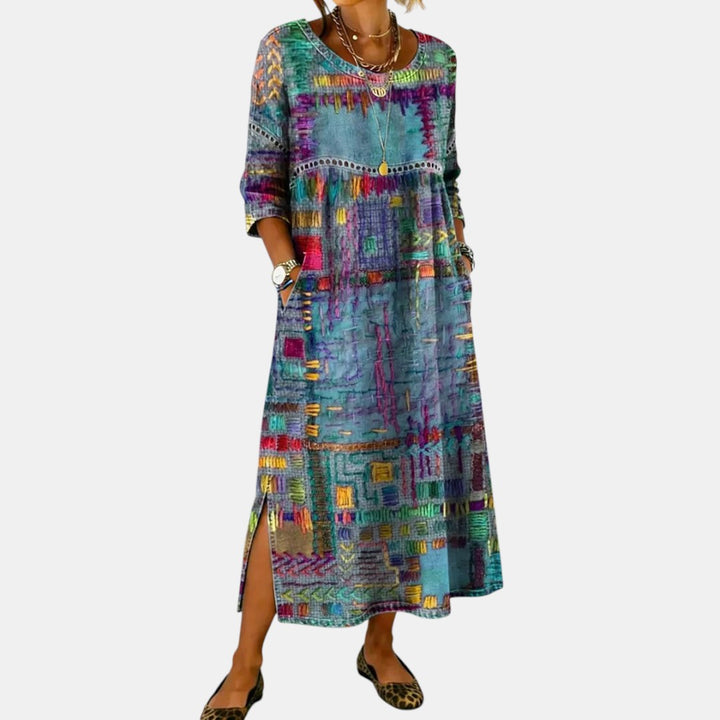 Vanesa | Vestido Midi de Denim con Patchwork Étnico