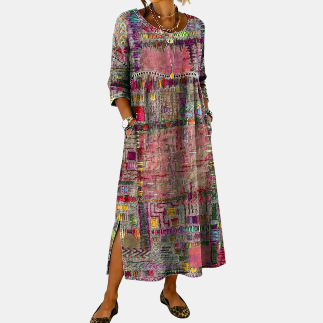 Vanesa | Vestido Midi de Denim con Patchwork Étnico
