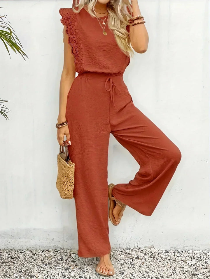 Conjunto Elegante de Dos Piezas Zella – Top con Encaje y Pantalones de Pierna Ancha