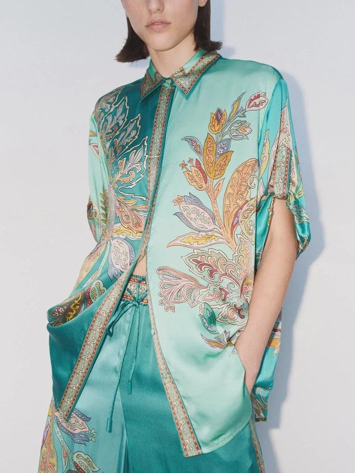Eliza | Conjunto Elegante de Dos Piezas – Camisa con Estampado Paisley y Pantalones de Pierna Ancha
