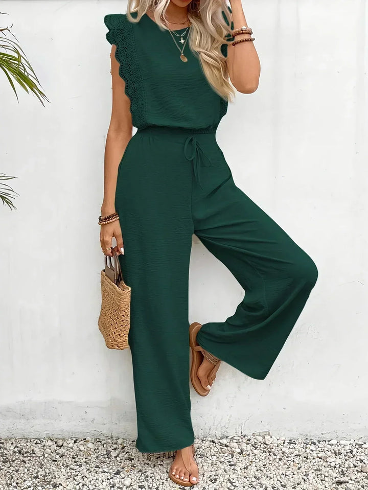 Conjunto Elegante de Dos Piezas Zella – Top con Encaje y Pantalones de Pierna Ancha