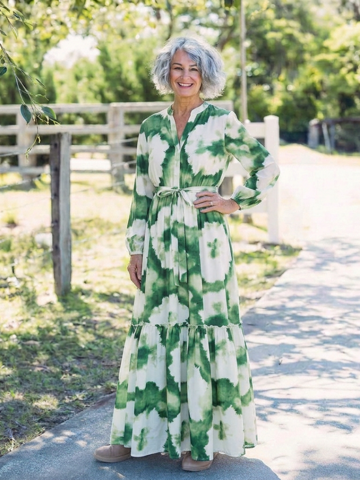 Ingrid | Vestido Maxi de Manga Larga con Lazo en Cintura