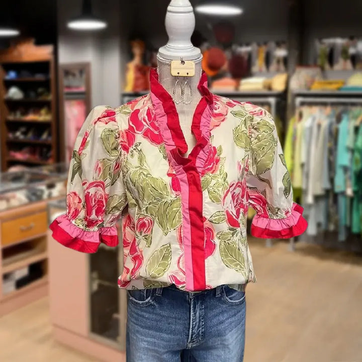 Alitzel | Top Floral de Rayas con Volantes Dulce para el Día a Día