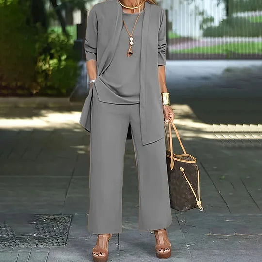 Conjunto Casual Elegante de Tres Piezas Laney – Top Coordinado, Cárdigan y Pantalones de Pierna Ancha