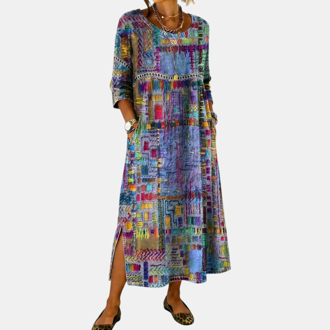 Vanesa | Vestido Midi de Denim con Patchwork Étnico