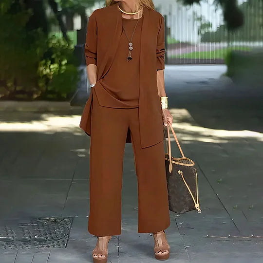 Conjunto Casual Elegante de Tres Piezas Laney – Top Coordinado, Cárdigan y Pantalones de Pierna Ancha