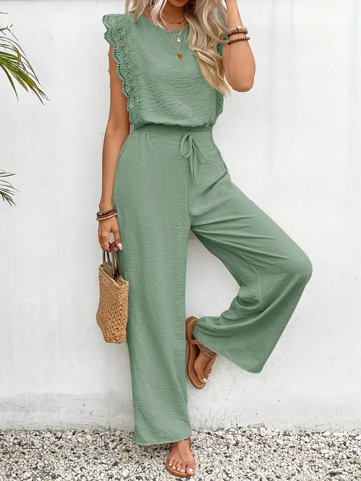 Conjunto Elegante de Dos Piezas Zella – Top con Encaje y Pantalones de Pierna Ancha