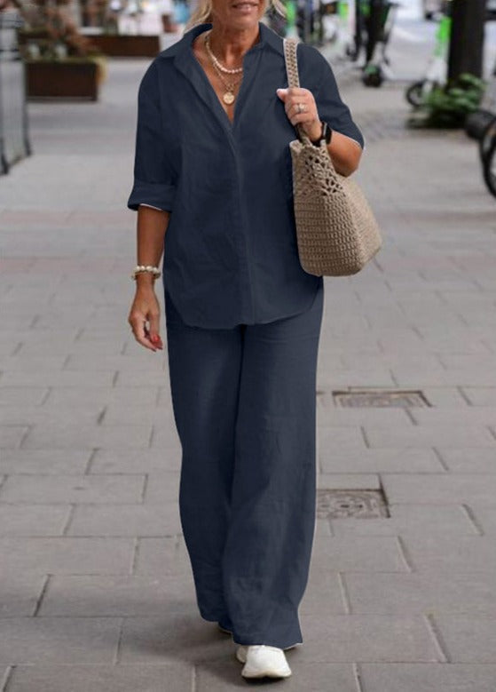 Denice | Conjunto Casual Elegante de Dos Piezas – Top Abotonado Relajado y Pantalones de Pierna Ancha