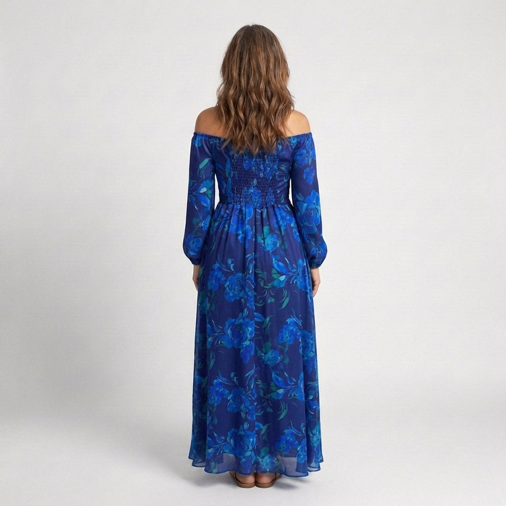 Angélica | Vestido Maxi Floral con Hombros Descubiertos