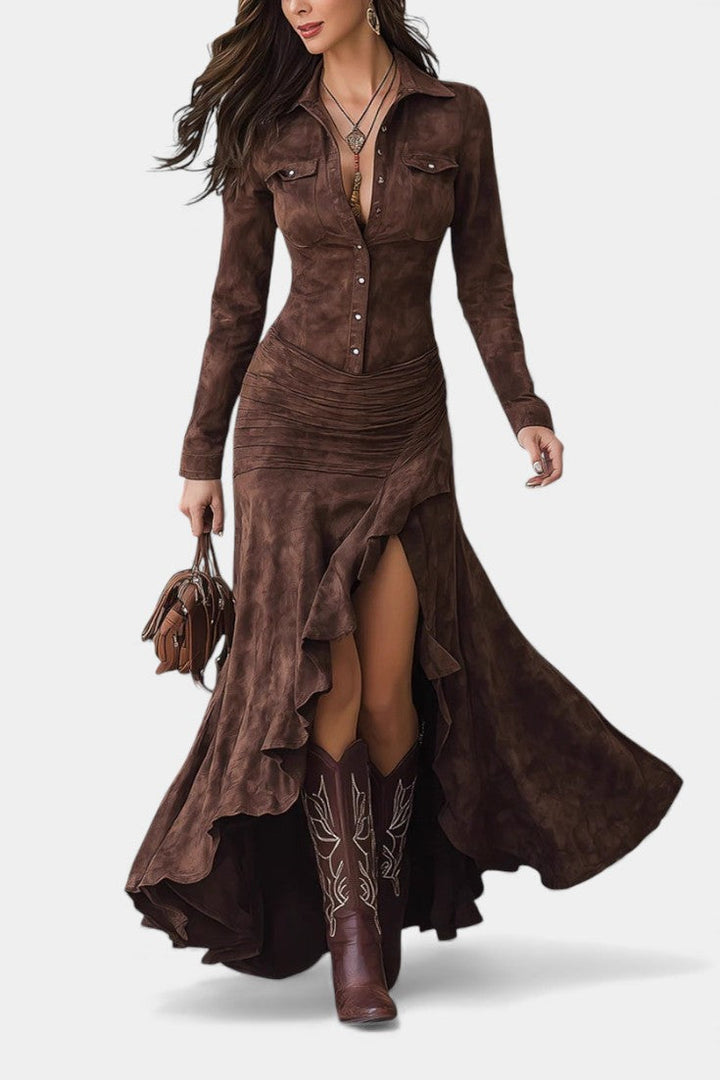 Ivana | Vestido Largo Retro Marrón con Volantes