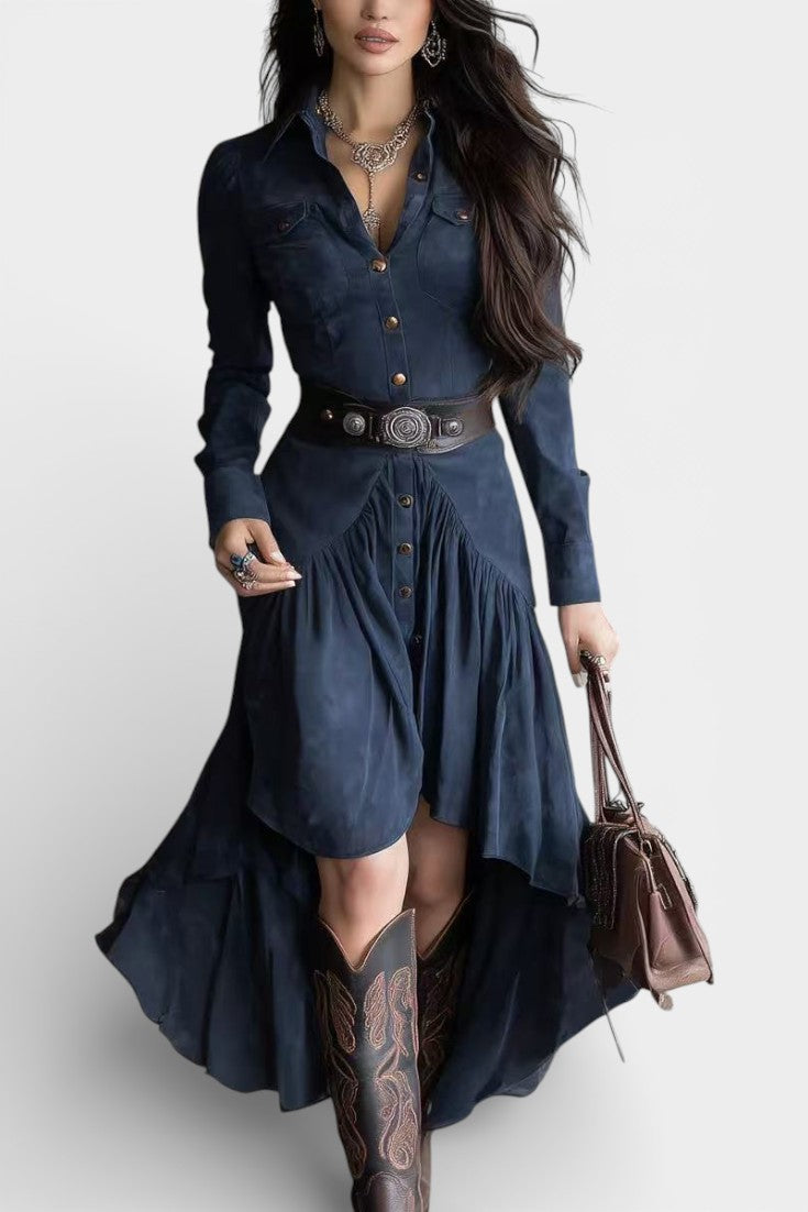 Regina | Vestido Midi Retro con Bolsillos y Dobladillo Asimétrico