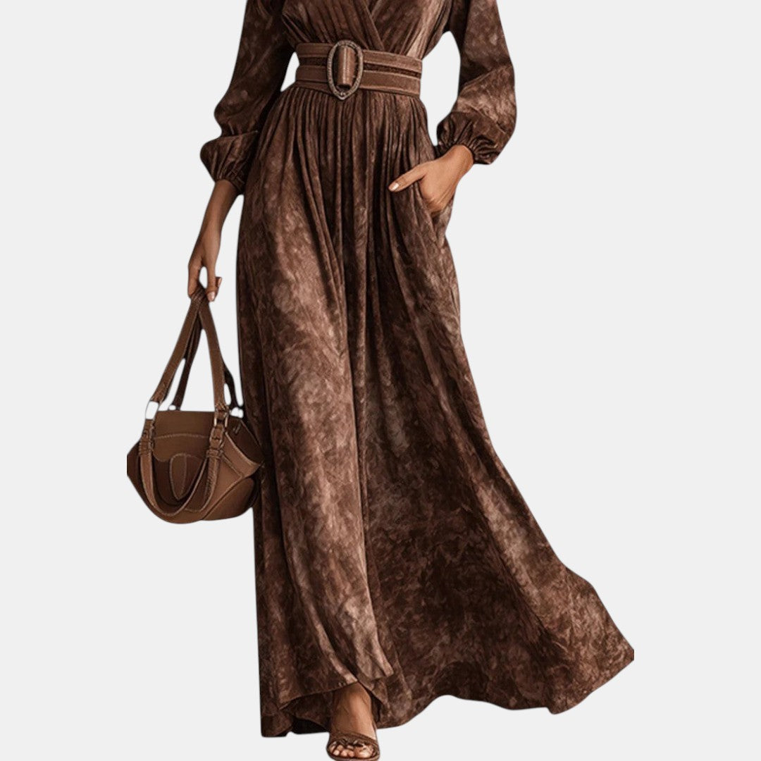 Mercedes | Vestido Maxi de Terciopelo Chocolate con Escote en V