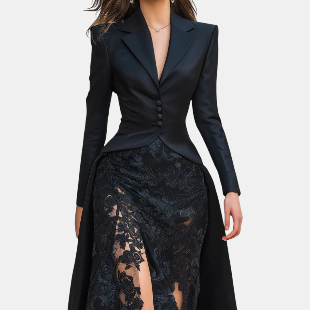 Hermelinda | Vestido Largo Blazer de Satén y Encaje Negro