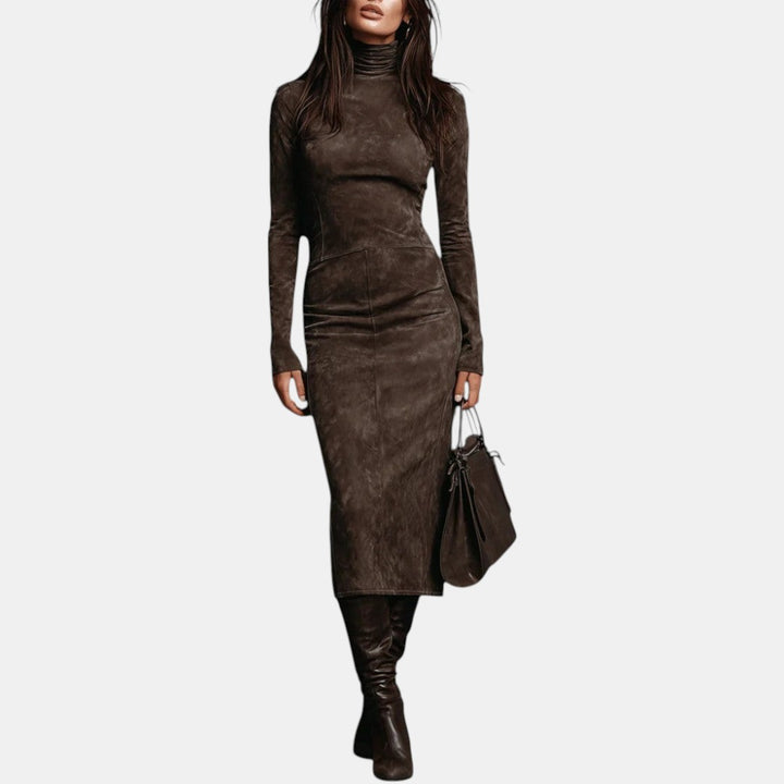 Lourdes | Vestido Midi de Ante con Cuello Alto y Manga Larga