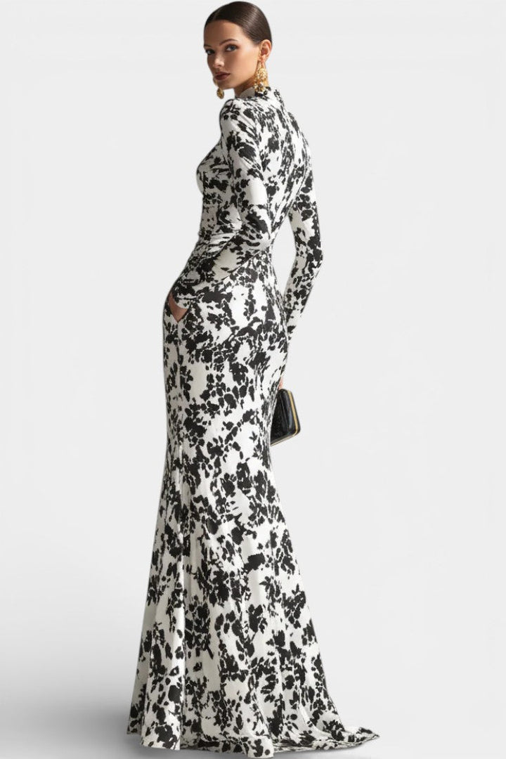 Úrsula | Vestido Midi Floral Blanco y Negro con Cuello Alto