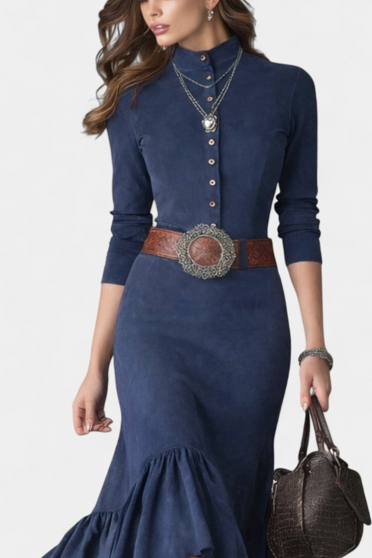 Alondra | Vestido Maxi Azul Marino con Cuello Alto