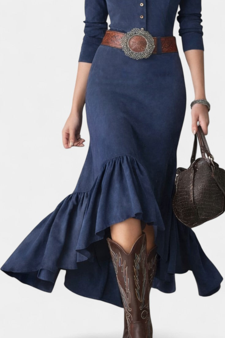 Alondra | Vestido Maxi Azul Marino con Cuello Alto