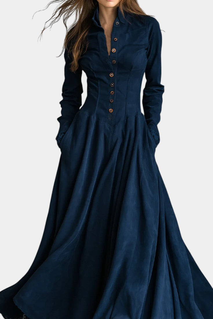 Trinidad | Vestido Largo de Ante con Cuello y Detalles de Encaje