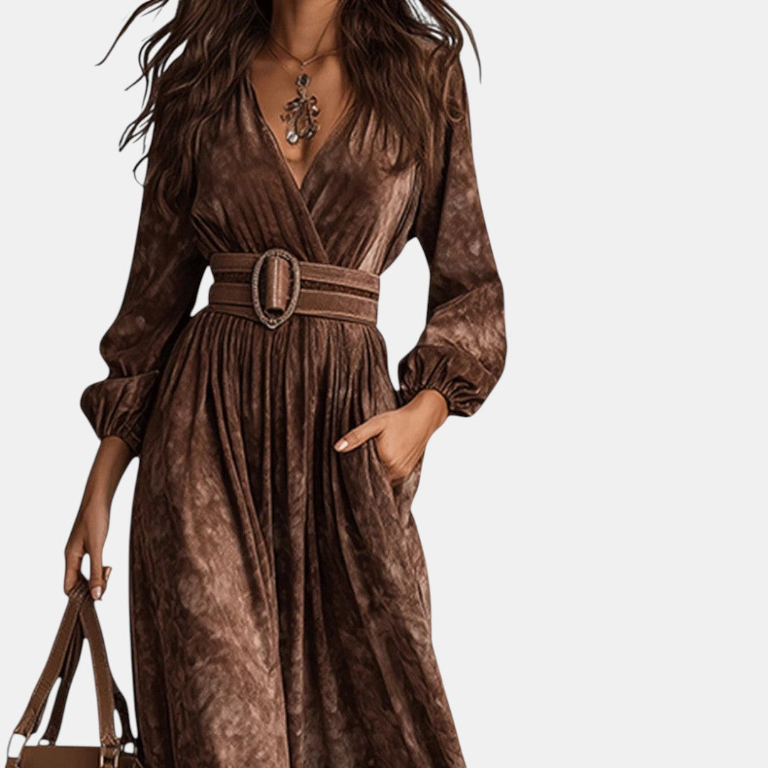 Mercedes | Vestido Maxi de Terciopelo Chocolate con Escote en V