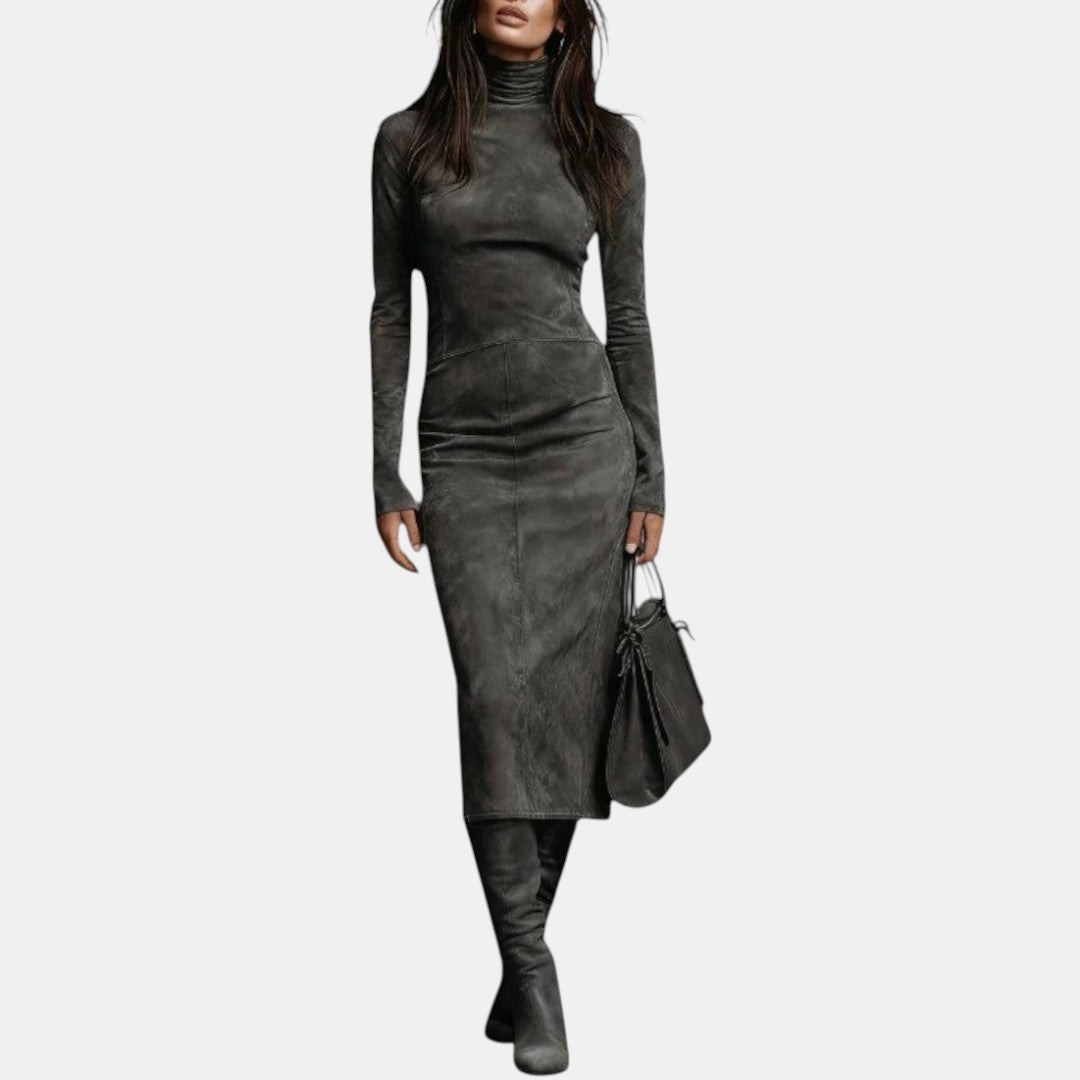 Lourdes | Vestido Midi de Ante con Cuello Alto y Manga Larga