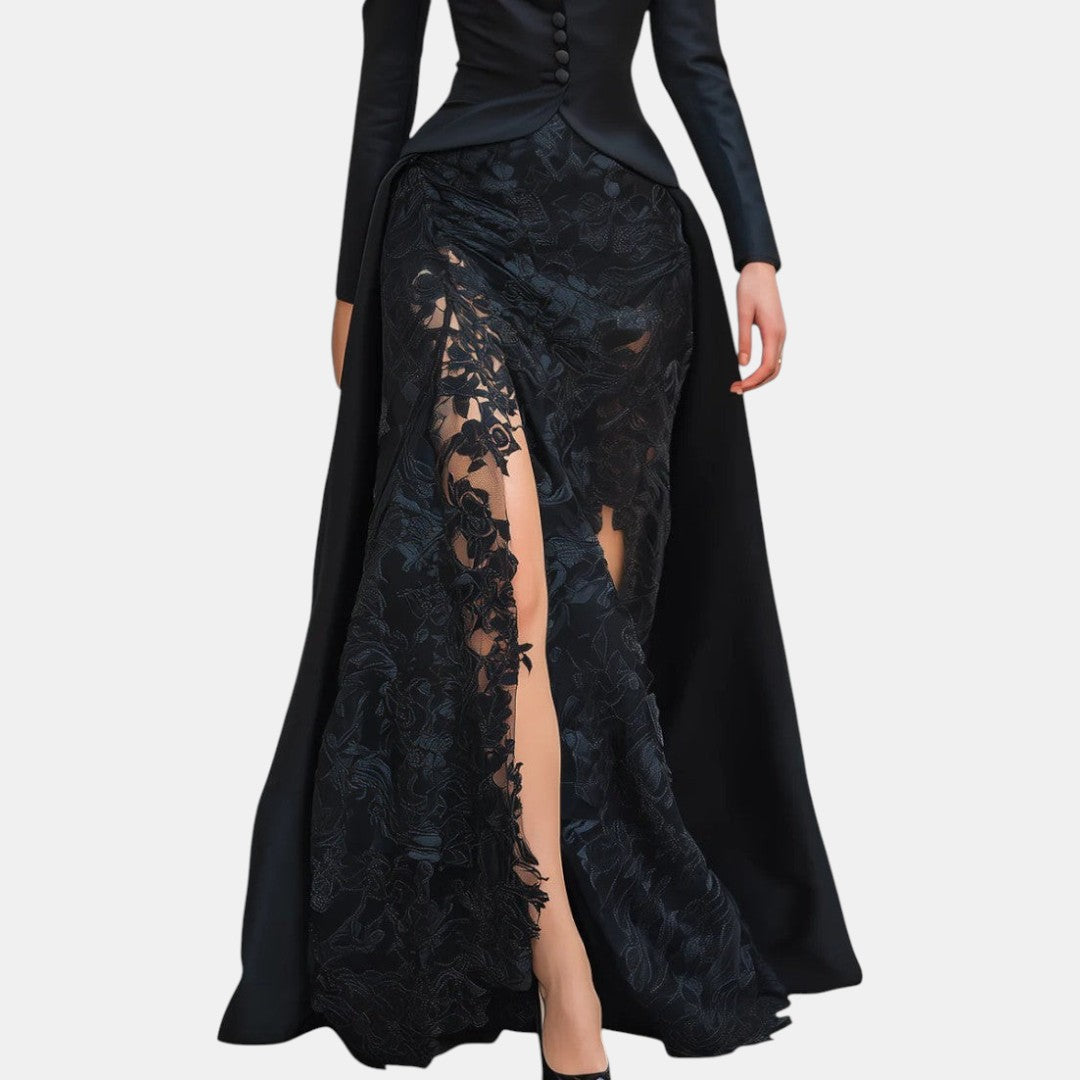 Hermelinda | Vestido Largo Blazer de Satén y Encaje Negro
