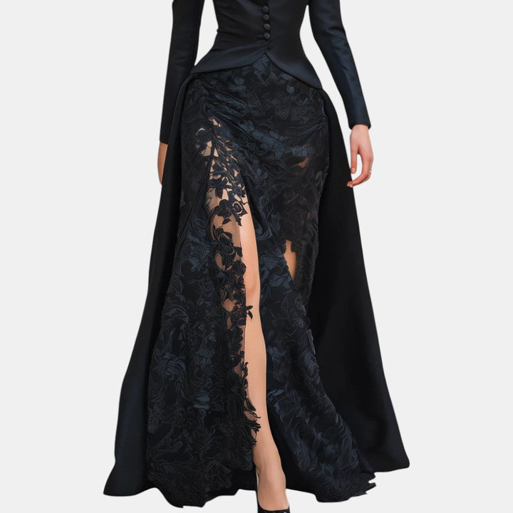 Hermelinda | Vestido Largo Blazer de Satén y Encaje Negro