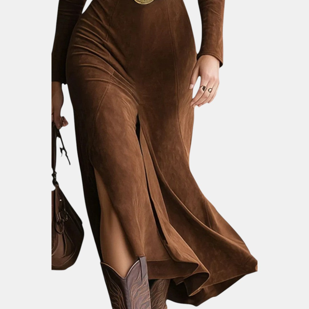 Waleska | Vestido Midi Western de Ante con Abertura