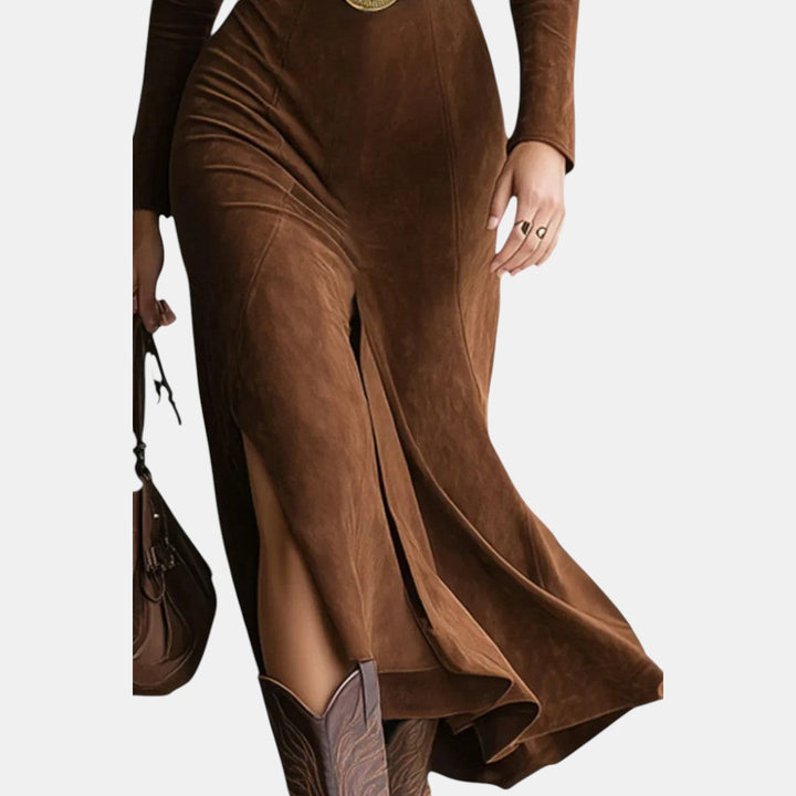Waleska | Vestido Midi Western de Ante con Abertura