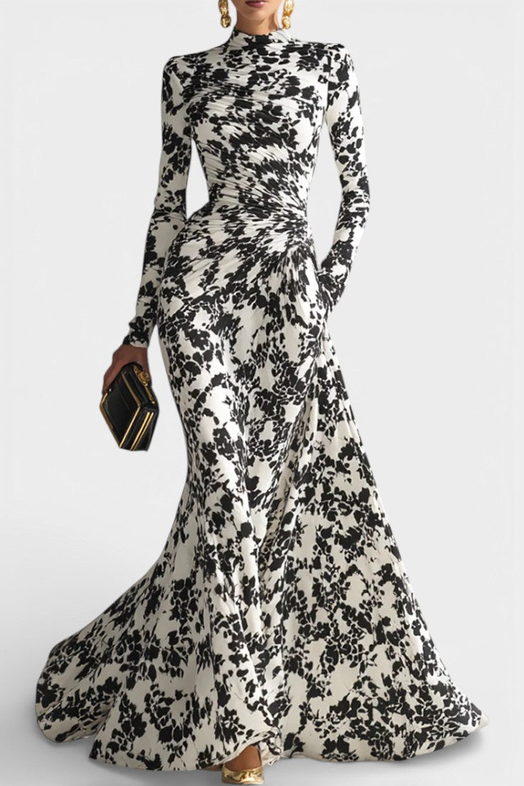 Úrsula | Vestido Midi Floral Blanco y Negro con Cuello Alto