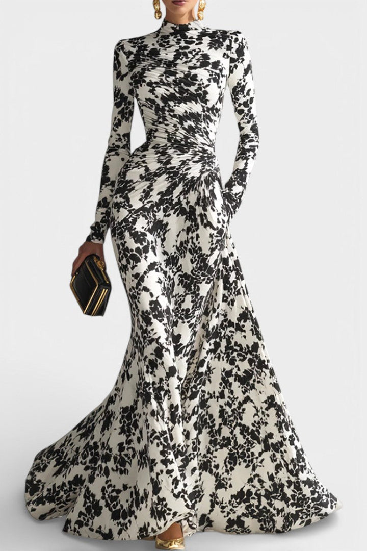 Úrsula | Vestido Midi Floral Blanco y Negro con Cuello Alto