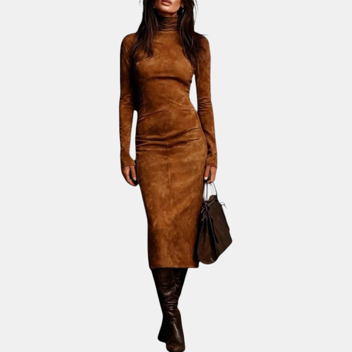 Lourdes | Vestido Midi de Ante con Cuello Alto y Manga Larga