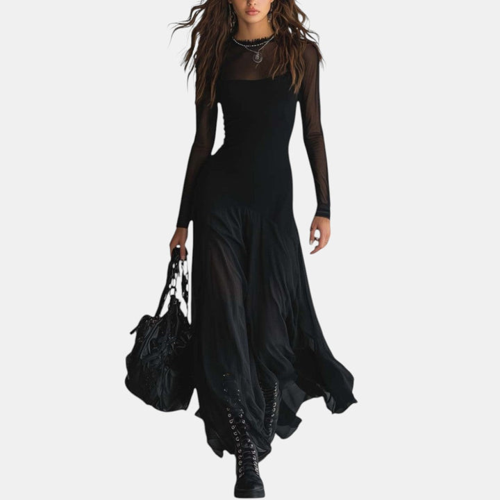 Zaira | Vestido Largo Fluido Negro de Tul con Patchwork