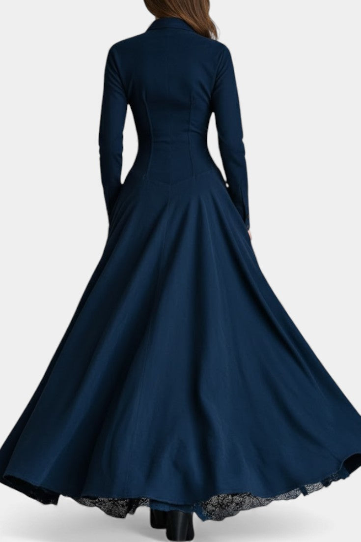 Trinidad | Vestido Largo de Ante con Cuello y Detalles de Encaje