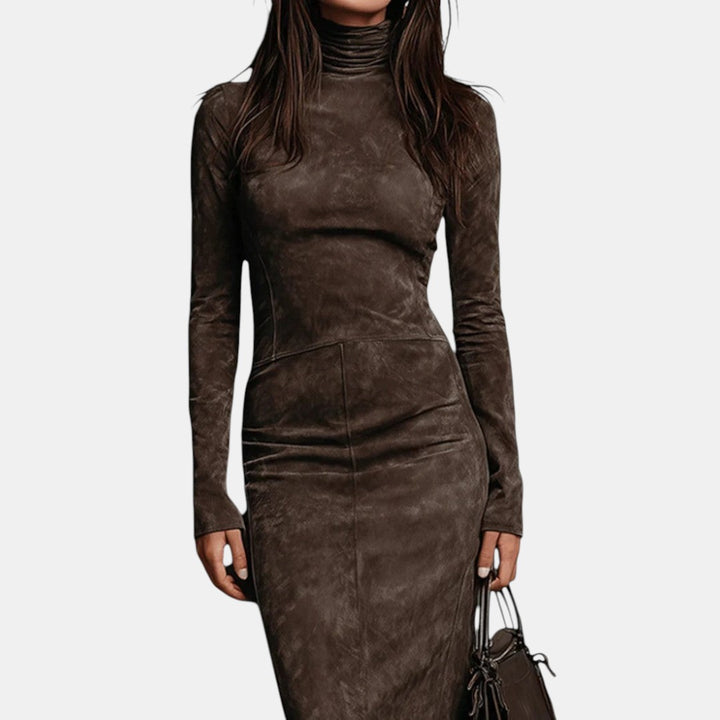 Lourdes | Vestido Midi de Ante con Cuello Alto y Manga Larga