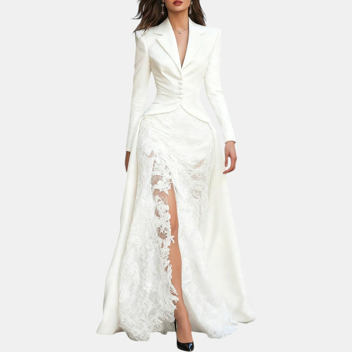 Hermelinda | Vestido Largo Blazer de Satén y Encaje Negro
